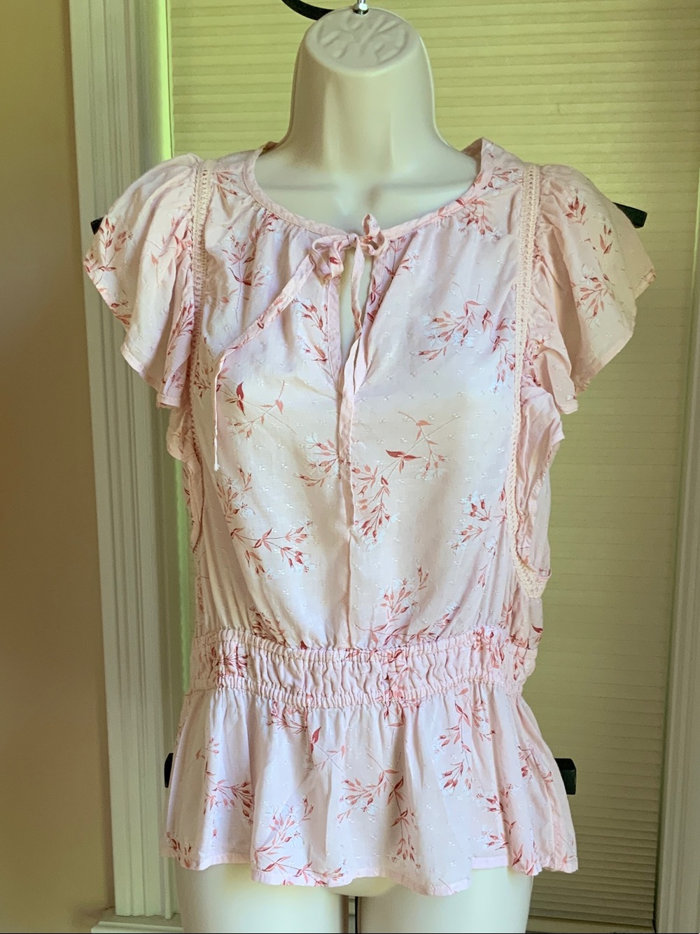 Light Peach Floral Ruffled Peplum Tie-Neck Blouse